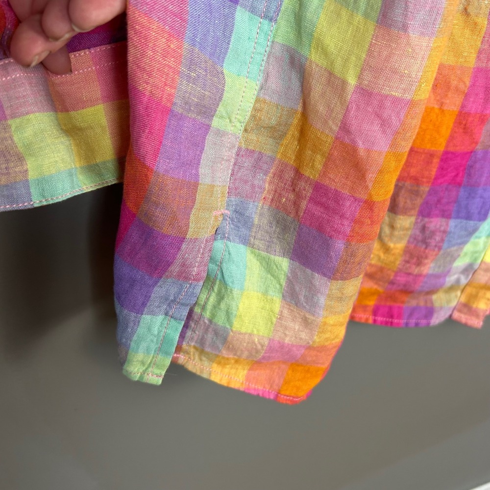 Lands End Linen Shirt Womens 1X Rainbow Madras Plaid Button Down Colorful Preppy - Picture 6 of 11
